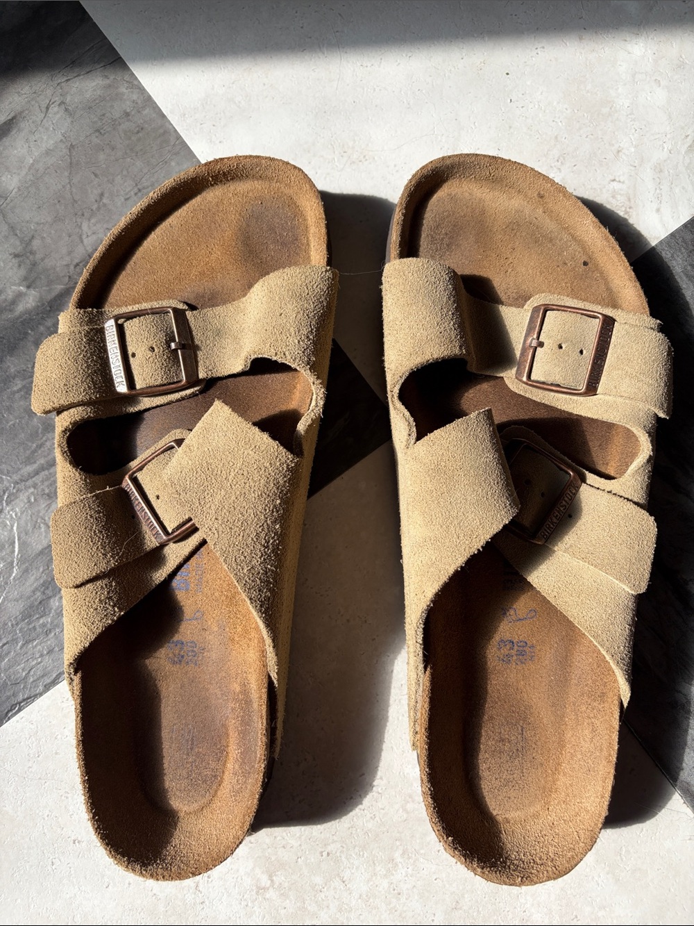 Birkenstock Taupe Suede Dual-Buckle Slide Sandals